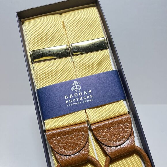 Brooks Brothers Gold Butter Yellow Leather Tabs Adjustable Suspenders New - Picture 2 of 5